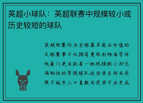 英超小球队：英超联赛中规模较小或历史较短的球队