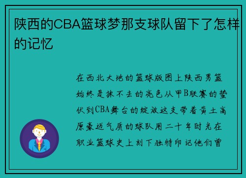 陕西的CBA篮球梦那支球队留下了怎样的记忆