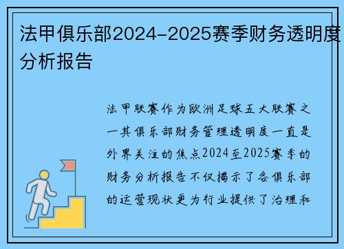 法甲俱乐部2024-2025赛季财务透明度分析报告