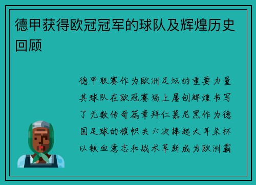 德甲获得欧冠冠军的球队及辉煌历史回顾